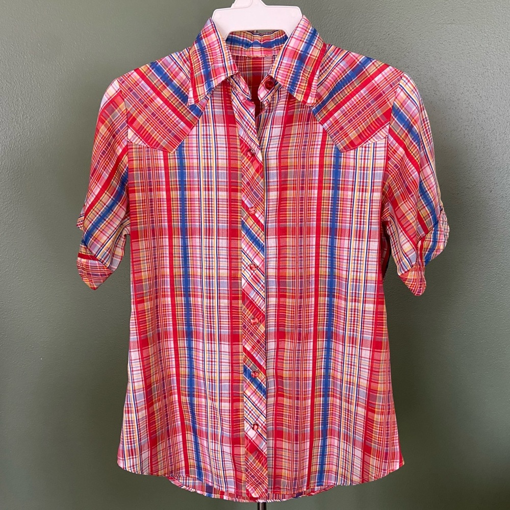 Vintage Shirt Womens S Red Plaid Snap 38” Chest Rockabilly Western 70s Cowgirl